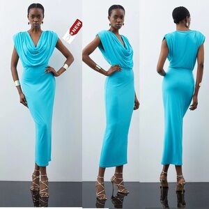 Karen Millen BLUE COWL NECK JERSEY MAXI DRESS Sz 10 Tall NWT Aqua cocktail party